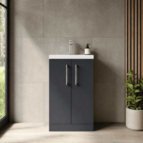 [BFLE028] Balterley Level Compact Bathroom Cloakroom Vanity Basin Unit with Polymarble Basin, Chrome Handles, 500mm, Satin Dark Grey - Silo