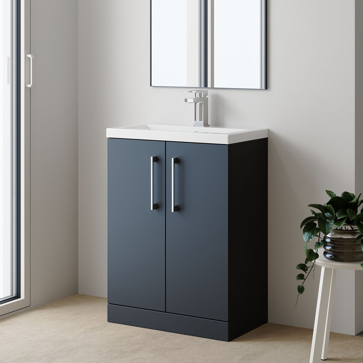 [BFLE029E] Balterley Level Compact Bathroom Cloakroom Vanity Basin Unit with Ceramic Basin, Chrome Handles, 600mm, Satin Dark Grey - Lifestyle 3