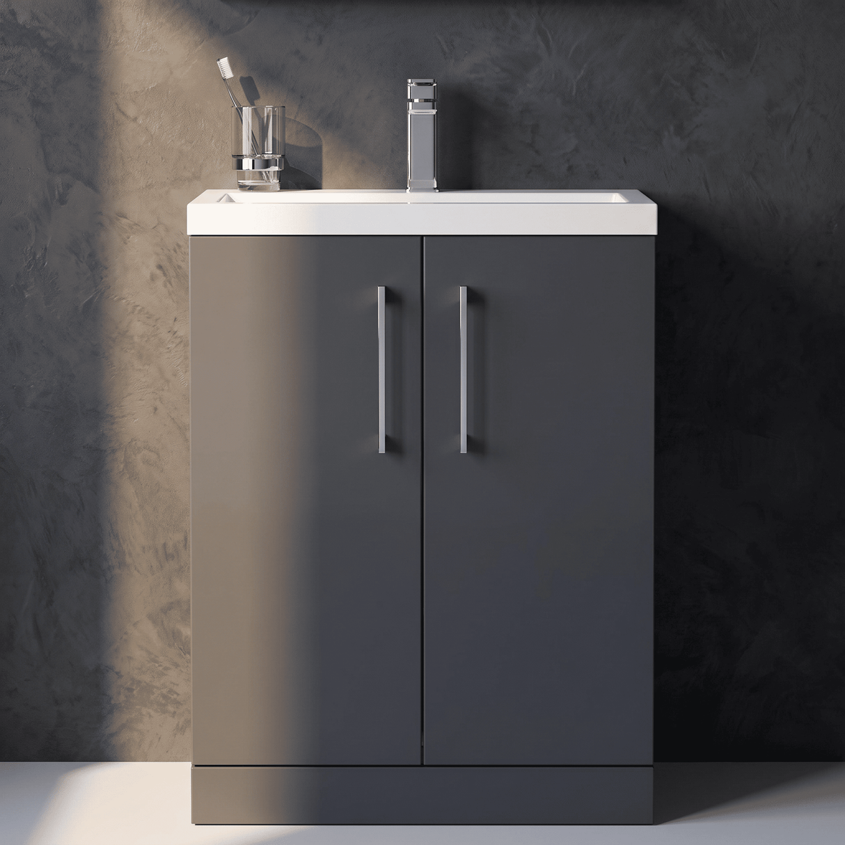 [BFLE029E] Balterley Level Compact Bathroom Cloakroom Vanity Basin Unit with Ceramic Basin, Chrome Handles, 600mm, Satin Dark Grey - Silo