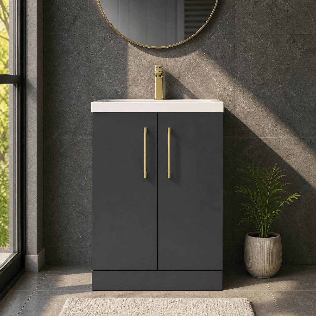 [BFLE029H017] Bramshall Contemporary Compact Floor Standing Vanity Basin Unit with Polymarble Basin, 600mm, Choice of Colour and Handle Finish - Silo