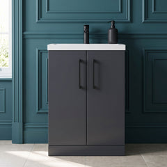 [BFLE029H018] Bramshall Contemporary Compact Floor Standing Vanity Basin Unit with Polymarble Basin, 600mm, Choice of Colour and Handle Finish - Silo