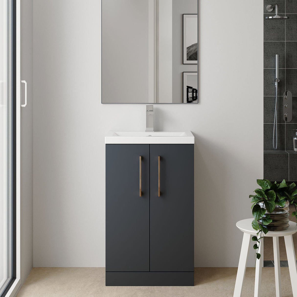 [BFLE029H1516] Bramshall Contemporary Compact Floor Standing Vanity Basin Unit with Polymarble Basin, 600mm, Choice of Colour and Handle Finish - Lifestyle 1