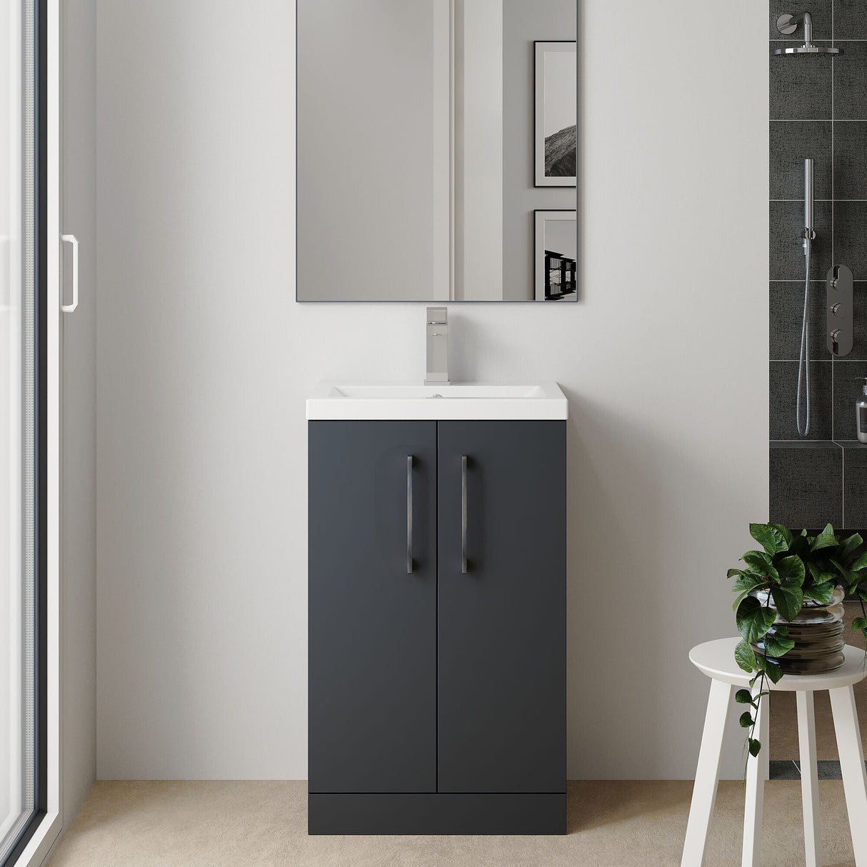 [BFLE029H716] Bramshall Contemporary Compact Floor Standing Vanity Basin Unit with Polymarble Basin, 600mm, Choice of Colour and Handle Finish - Lifestyle 1