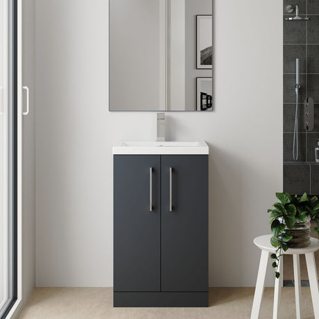 [BFLE029] Balterley Level Compact Bathroom Cloakroom Vanity Basin Unit with Polymarble Basin, Chrome Handles, 600mm, Satin Dark Grey - Lifestyle 1