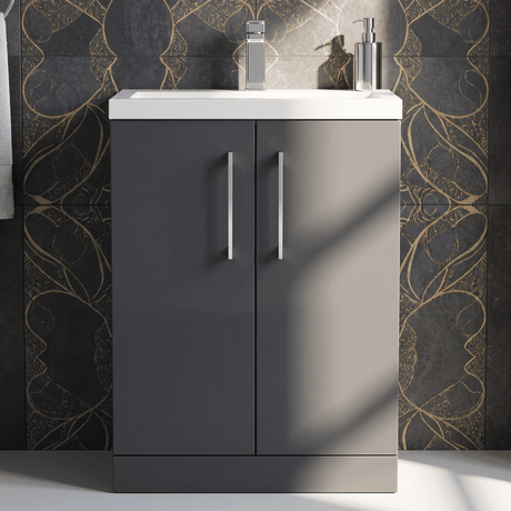 [BFLE029] Balterley Level Compact Bathroom Cloakroom Vanity Basin Unit with Polymarble Basin, Chrome Handles, 600mm, Satin Dark Grey - Silo