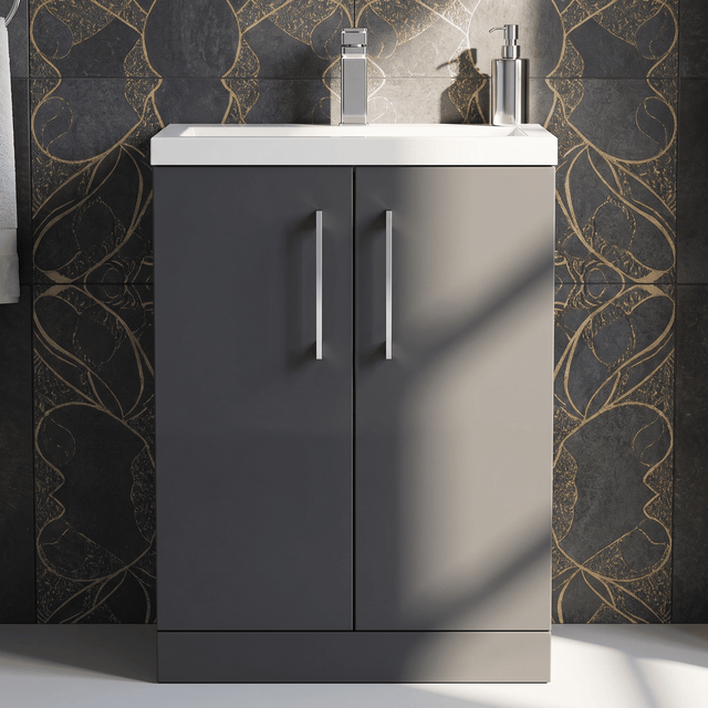 [BFLE029] Balterley Level Compact Bathroom Cloakroom Vanity Basin Unit with Polymarble Basin, Chrome Handles, 600mm, Satin Dark Grey - Silo