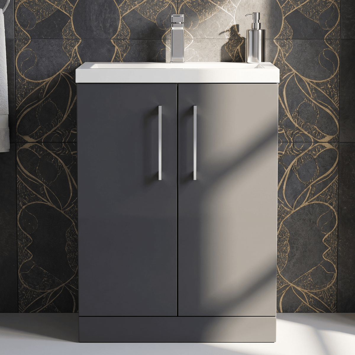 [BFLE029] Bramshall Contemporary Compact Floor Standing Vanity Basin Unit with Polymarble Basin, 600mm, Choice of Colour and Handle Finish - Studio Shot