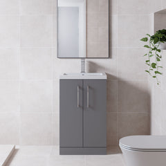 [BFLE030E] Balterley Level Compact Bathroom Cloakroom Vanity Basin Unit with Ceramic Basin, Chrome Handles, 500mm, Satin Grey - Lifestyle 1