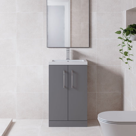 [BFLE030E] Balterley Level Compact Bathroom Cloakroom Vanity Basin Unit with Ceramic Basin, Chrome Handles, 500mm, Satin Grey - Lifestyle 1