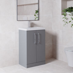 [BFLE030E] Balterley Level Compact Bathroom Cloakroom Vanity Basin Unit with Ceramic Basin, Chrome Handles, 500mm, Satin Grey - Lifestyle 3