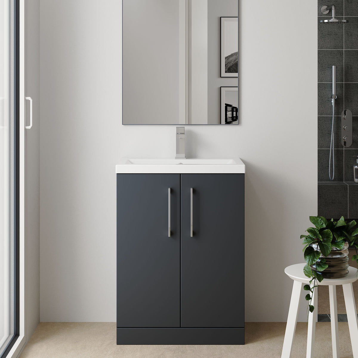 [BFLE030] Bramshall Contemporary Compact Floor Standing Vanity Basin Unit with Polymarble Basin, 500mm, Choice of Colour and Handle Finish - Lifestyle 1
