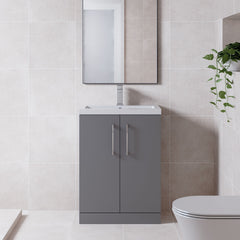 [BFLE031E] Balterley Level Compact Bathroom Cloakroom Vanity Basin Unit with Ceramic Basin, Chrome Handles, 600mm, Satin Grey - Lifestyle 1