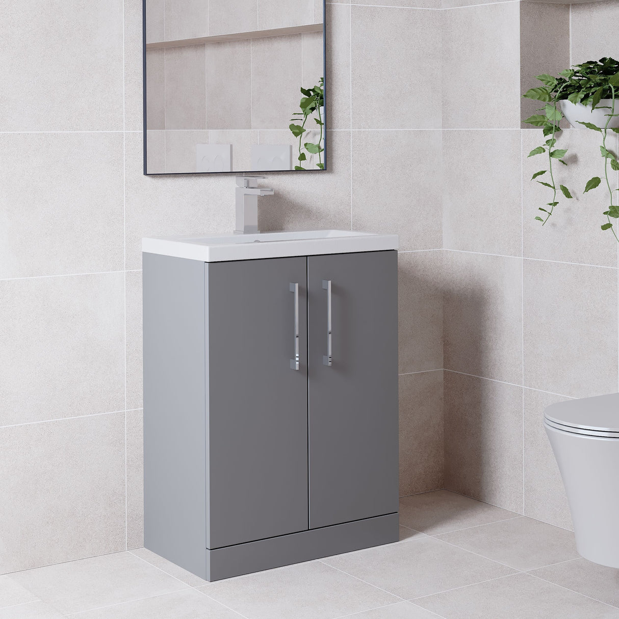 [BFLE031E] Balterley Level Compact Bathroom Cloakroom Vanity Basin Unit with Ceramic Basin, Chrome Handles, 600mm, Satin Grey - Lifestyle 3