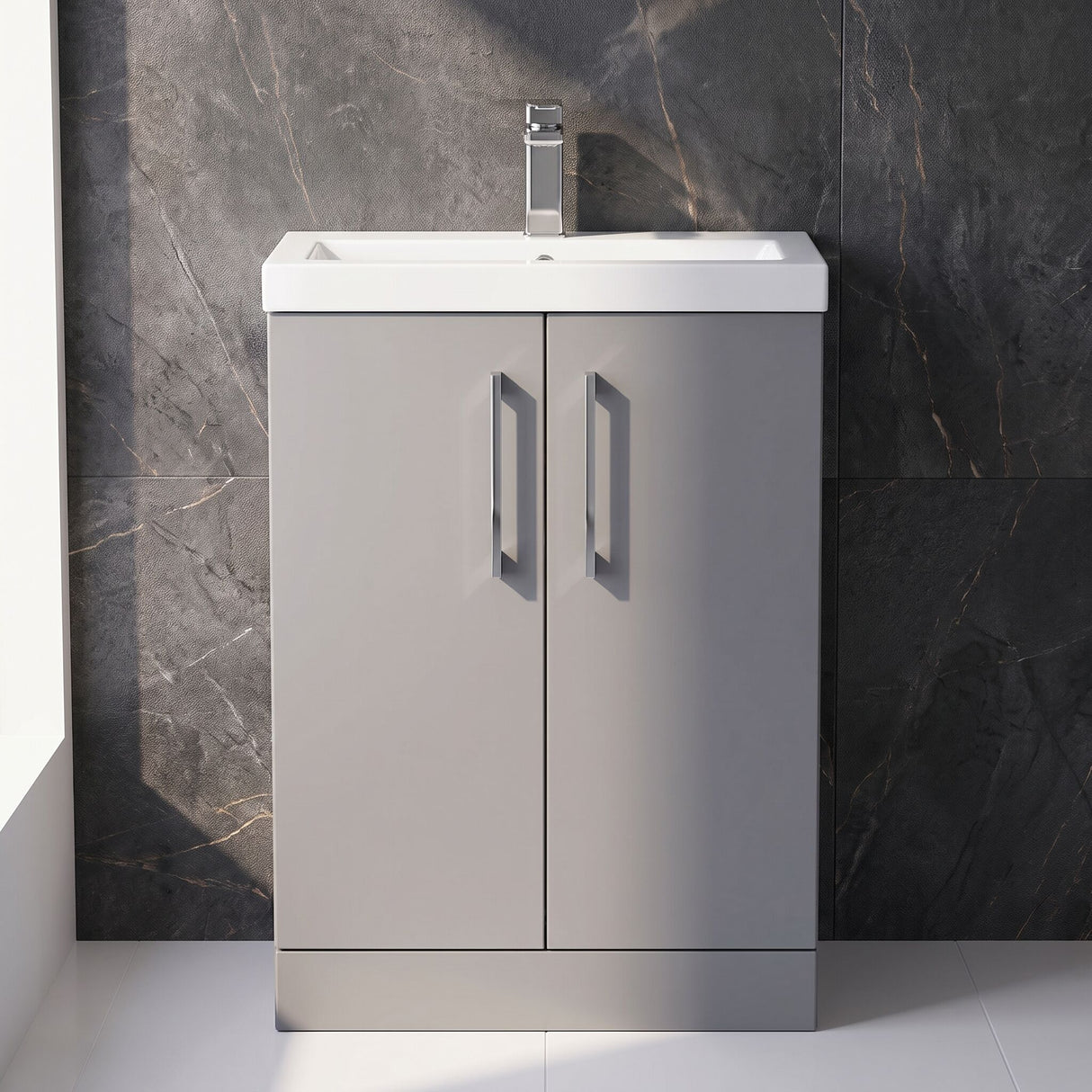 [BFLE031E] Balterley Level Compact Bathroom Cloakroom Vanity Basin Unit with Ceramic Basin, Chrome Handles, 600mm, Satin Grey - Silo