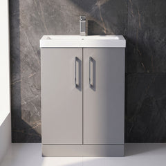 [BFLE031E] Balterley Level Compact Bathroom Cloakroom Vanity Basin Unit with Ceramic Basin, Chrome Handles, 600mm, Satin Grey - Silo