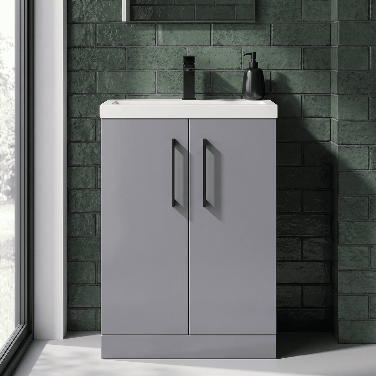 [BFLE031H018] Bramshall Contemporary Compact Floor Standing Vanity Basin Unit with Polymarble Basin, 600mm, Choice of Colour and Handle Finish - Silo
