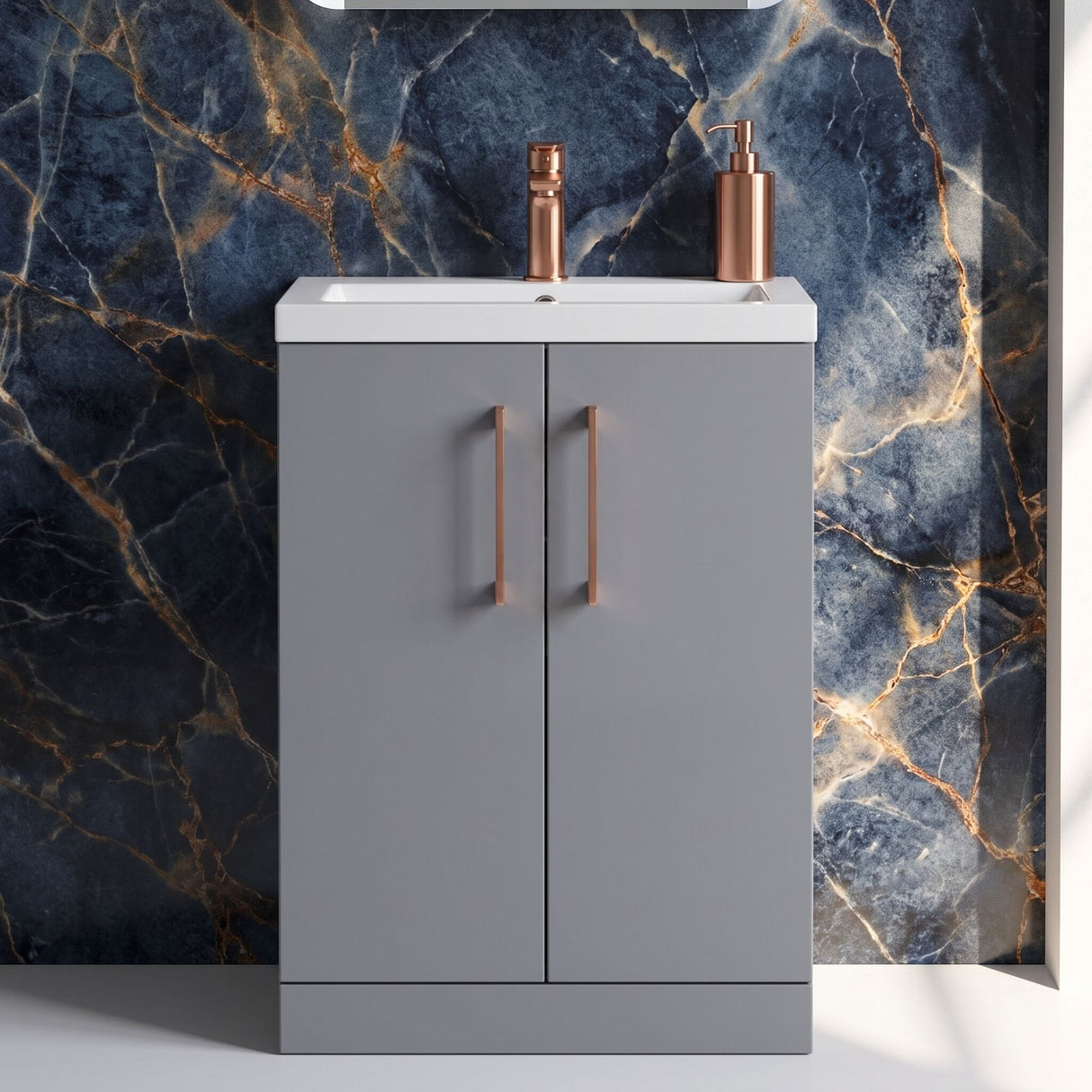 [BFLE031H019] Bramshall Contemporary Compact Floor Standing Vanity Basin Unit with Polymarble Basin, 600mm, Choice of Colour and Handle Finish - Silo