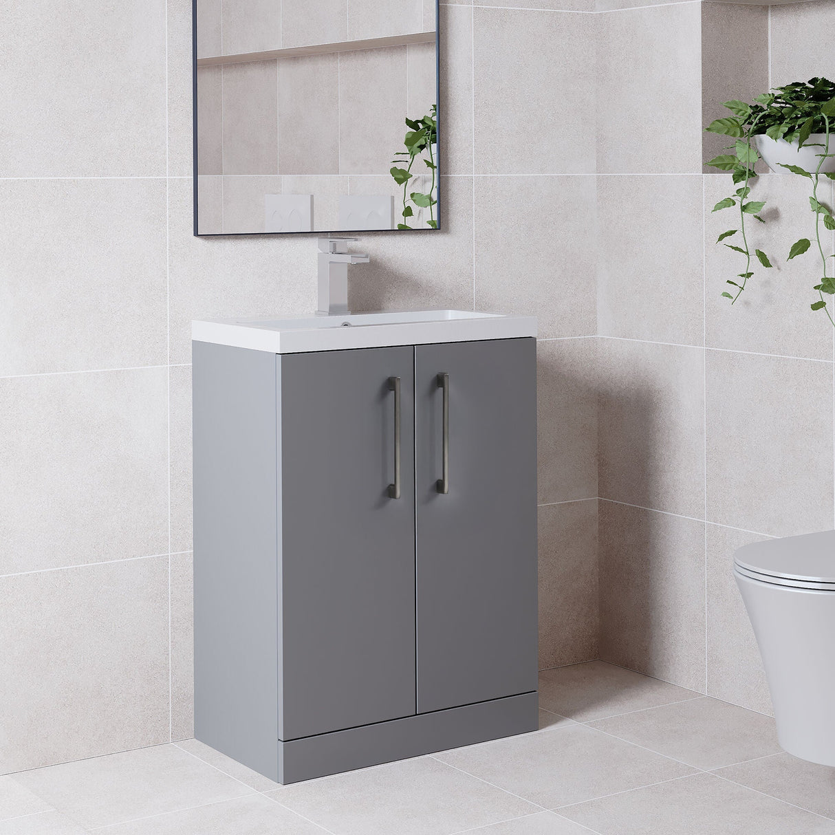 [BFLE031H716] Bramshall Contemporary Compact Floor Standing Vanity Basin Unit with Polymarble Basin, 600mm, Choice of Colour and Handle Finish - Lifestyle 3