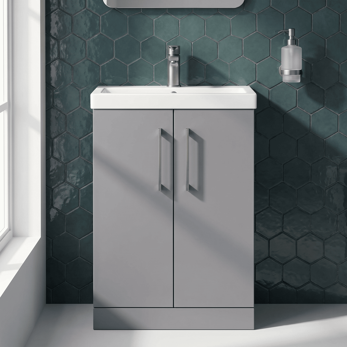 [BFLE031H716] Bramshall Contemporary Compact Floor Standing Vanity Basin Unit with Polymarble Basin, 600mm, Choice of Colour and Handle Finish - Silo