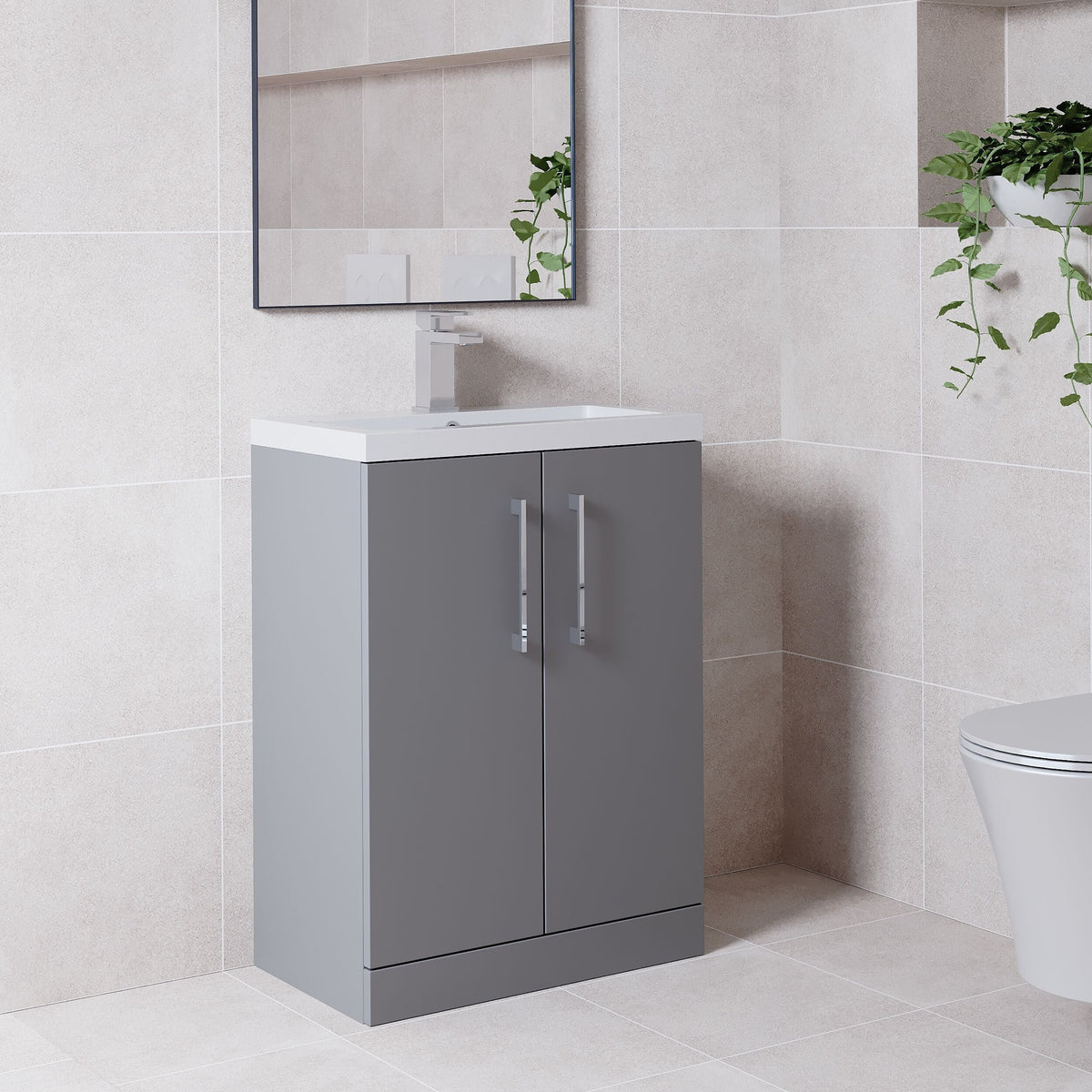 [BFLE031] Bramshall Contemporary Compact Floor Standing Vanity Basin Unit with Polymarble Basin, 600mm, Choice of Colour and Handle Finish - Lifestyle 3
