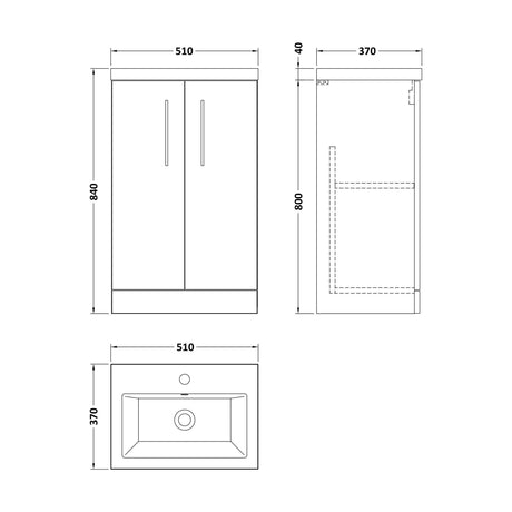 [BFLE032E] Bramshall Compact 500mm 2 Door Bleached Oak Floor Standing Vanity Unit With Basin - Technical Drawing
