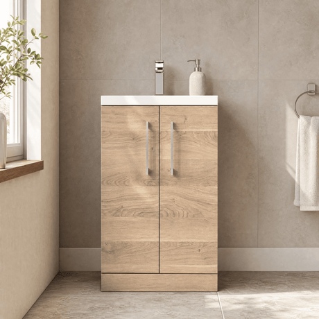 [BFLE032E] Bramshall Compact 500mm 2 Door Bleached Oak Floor Standing Vanity Unit With Basin - Silo