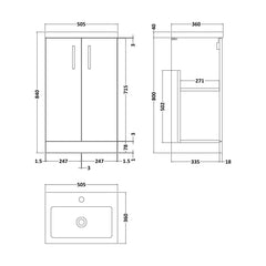 [BFLE032] Bramshall Compact 500mm 2 Door Bleached Oak Floor Standing Vanity Unit With Polymarble Basin - Technical Drawing