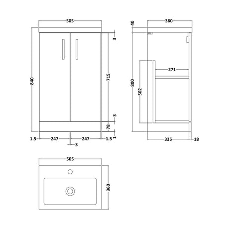 [BFLE032] Bramshall Compact 500mm 2 Door Bleached Oak Floor Standing Vanity Unit With Polymarble Basin - Technical Drawing