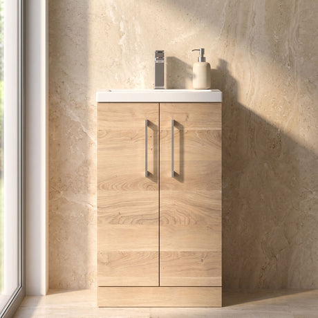 [BFLE032] Bramshall Compact 500mm 2 Door Bleached Oak Floor Standing Vanity Unit With Polymarble Basin - Silo