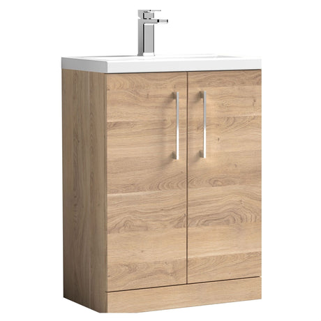 [BFLE033E] Bramshall Compact 600mm 2 Door Bleached Oak Floor Standing Vanity Unit With Basin - Cutout