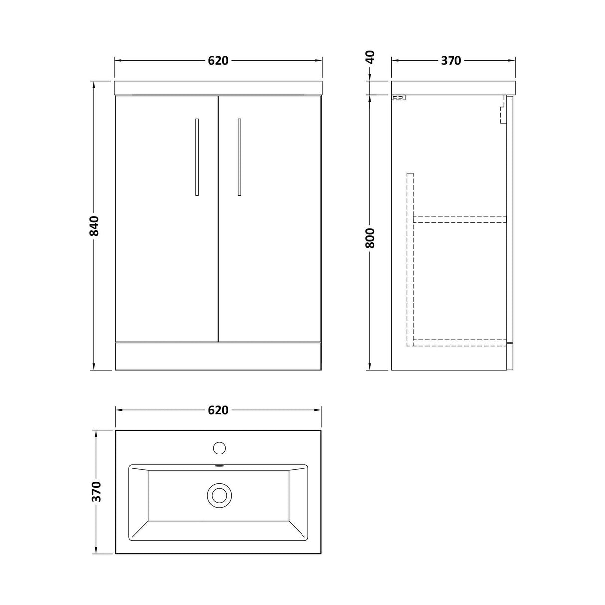 [BFLE033E] Bramshall Compact 600mm 2 Door Bleached Oak Floor Standing Vanity Unit With Basin - Technical Drawing