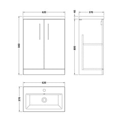 [BFLE033E] Bramshall Compact 600mm 2 Door Bleached Oak Floor Standing Vanity Unit With Basin - Technical Drawing