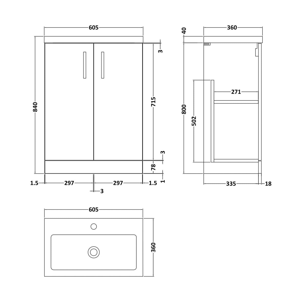 [BFLE033] Bramshall Compact 600mm 2 Door Bleached Oak Floor Standing Vanity Unit With Polymarble Basin - Technical Drawing