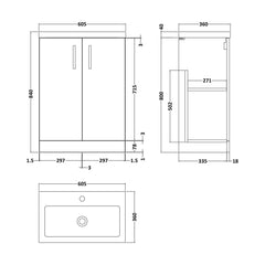[BFLE033] Bramshall Compact 600mm 2 Door Bleached Oak Floor Standing Vanity Unit With Polymarble Basin - Technical Drawing