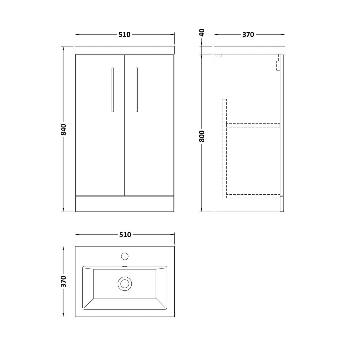 [BFLE034E] Bramshall Compact 500mm 2 Door Dark Blue Floor Standing Vanity Unit With Basin - Technical Drawing