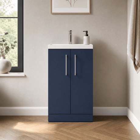 [BFLE034E] Bramshall Compact 500mm 2 Door Dark Blue Floor Standing Vanity Unit With Basin - Silo