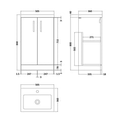 [BFLE034] Bramshall Compact 500mm 2 Door Dark Blue Floor Standing Vanity Unit With Polymarble Basin - Technical Drawing