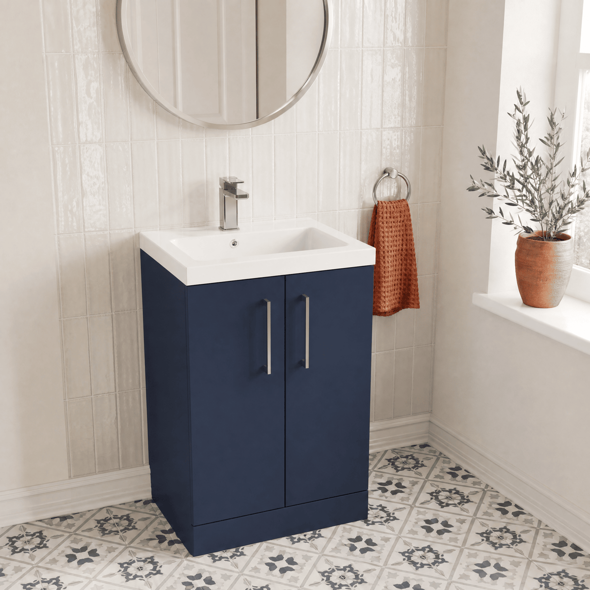 [BFLE034] Bramshall Compact 500mm 2 Door Dark Blue Floor Standing Vanity Unit With Polymarble Basin - Lifestyle 2