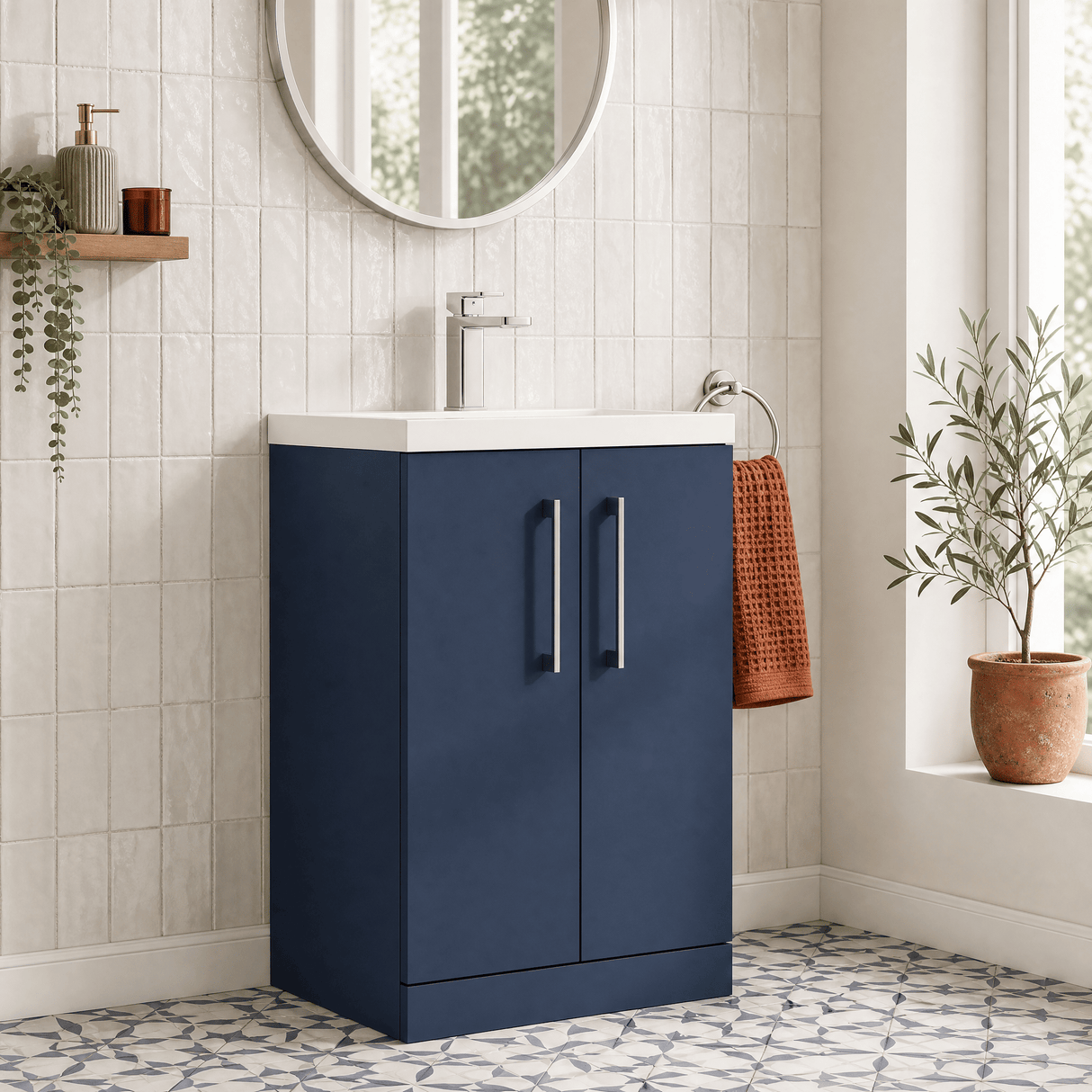 [BFLE034] Bramshall Compact 500mm 2 Door Dark Blue Floor Standing Vanity Unit With Polymarble Basin - Lifestyle 3