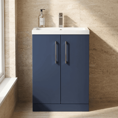 [BFLE035E] Bramshall Compact 600mm 2 Door Dark Blue Floor Standing Vanity Unit With Basin - Silo