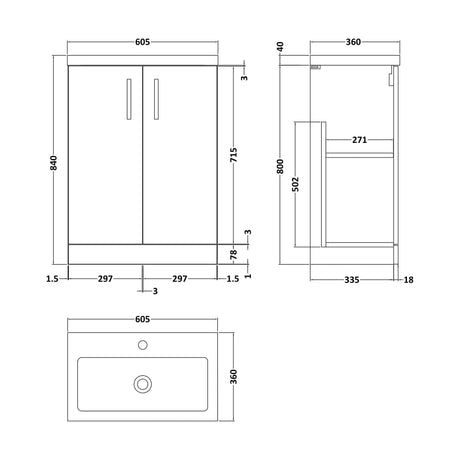 [BFLE035] Bramshall Compact 600mm 2 Door Dark Blue Floor Standing Vanity Unit With Polymarble Basin - Technical Drawing