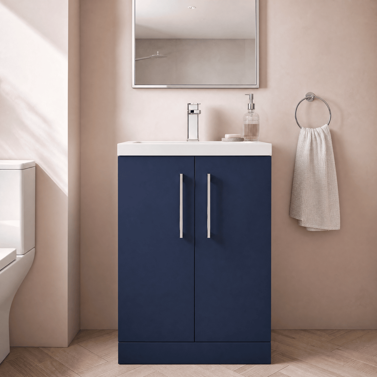 [BFLE035] Bramshall Contemporary Compact Floor Standing Vanity Basin Unit with Polymarble Basin, 600mm, Choice of Colour and Handle Finish - Lifestyle 1