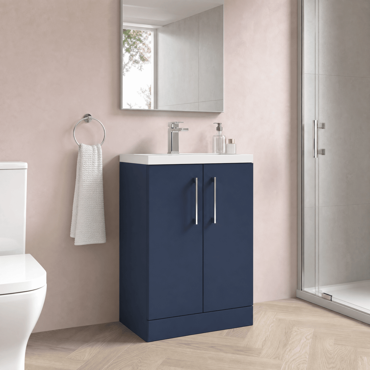 [BFLE035] Bramshall Contemporary Compact Floor Standing Vanity Basin Unit with Polymarble Basin, 600mm, Choice of Colour and Handle Finish - Lifestyle 3
