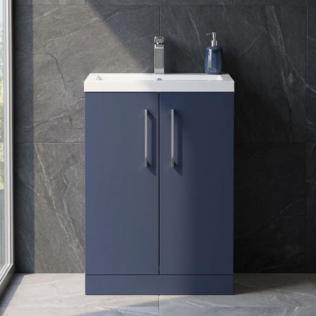 [BFLE035] Bramshall Compact 600mm 2 Door Dark Blue Floor Standing Vanity Unit With Polymarble Basin - Silo