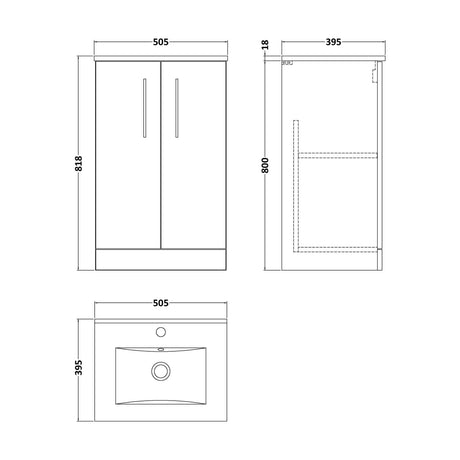 [BFLE101B] Balterley  Modern Bathroom 2 Soft Close Door & Minimalist Vanity Unit Basin, Gloss White, 345mm - Technical Drawing