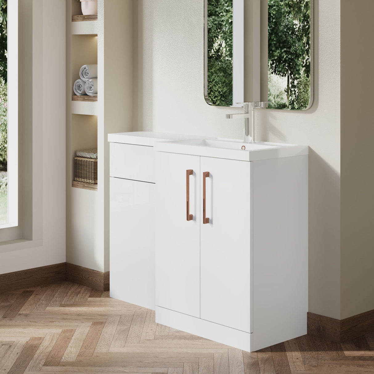 Bramshall Combination Vanity Unit with Basin & WC, Right Hand, 1100mm x 390mm - Choice of Colour and Handle Finish