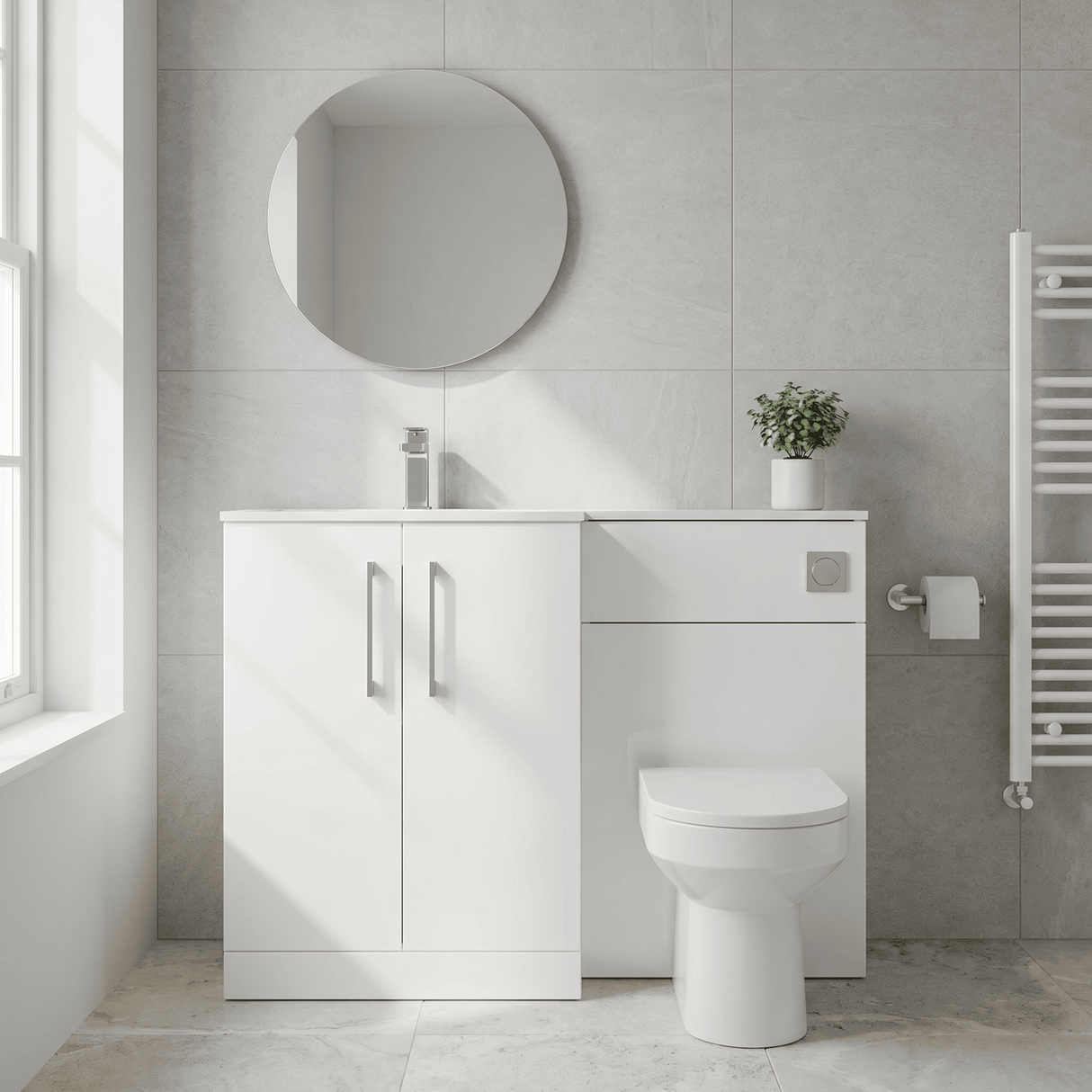 [BFLE112L] Bramshall Contemporary 2 Door Floor Standing Combination Unit with Stone Basin, 1100mm, Choice of Orientation and Colour