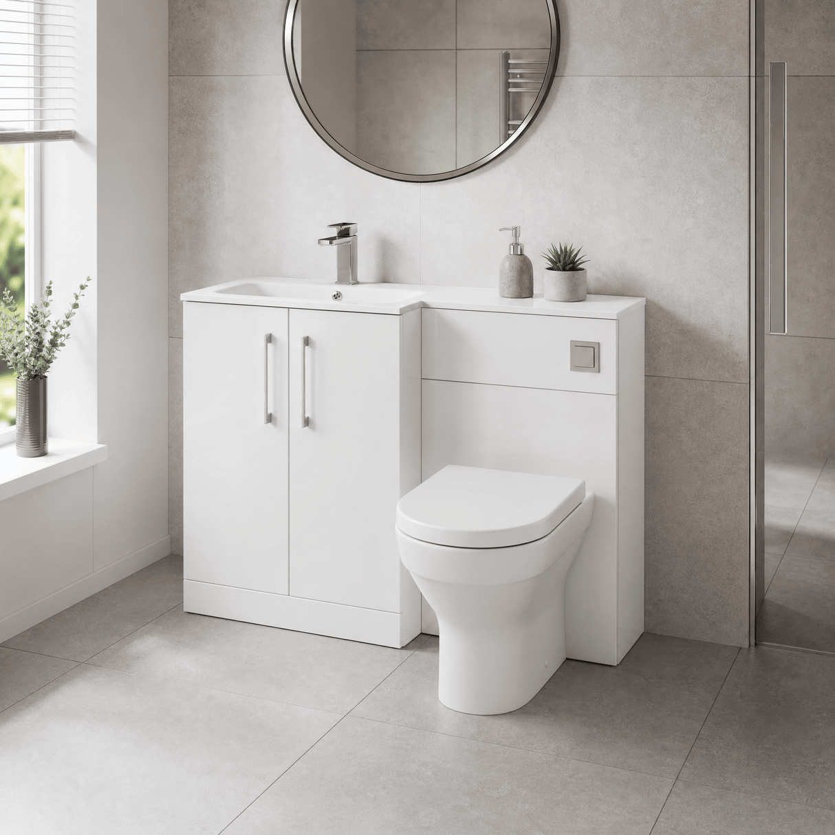 [BFLE112L] Bramshall Contemporary 2 Door Floor Standing Combination Unit with Stone Basin, 1100mm, Choice of Orientation and Colour