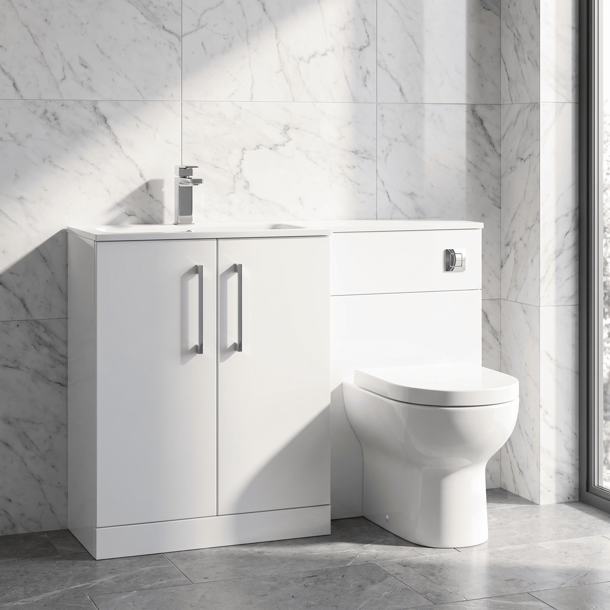 [BFLE112L] Bramshall Contemporary 2 Door Floor Standing Combination Unit with Stone Basin, 1100mm, Choice of Orientation and Colour - Silo