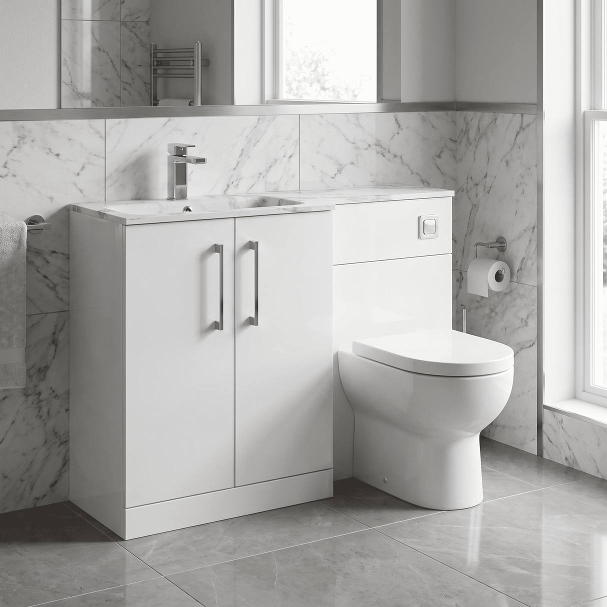 [BFLE113L] Bramshall Contemporary 2 Door Floor Standing Combination Unit with Stone Basin, 1100mm, Choice of Orientation and Colour
